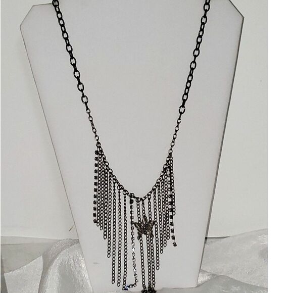 A Gunmetal Rhinestone Necklace Fringe Chain Butterfly Steampunk Boho Fairy Core - Picture 1 of 9
